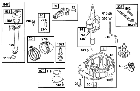 Sump Base, Piston Grp, Gears Diagram and Parts List for 99772-3026-01  Briggs and Stratton Engine
